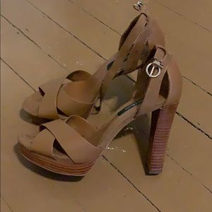 Brown leather platform ankle strap heel, WHBM